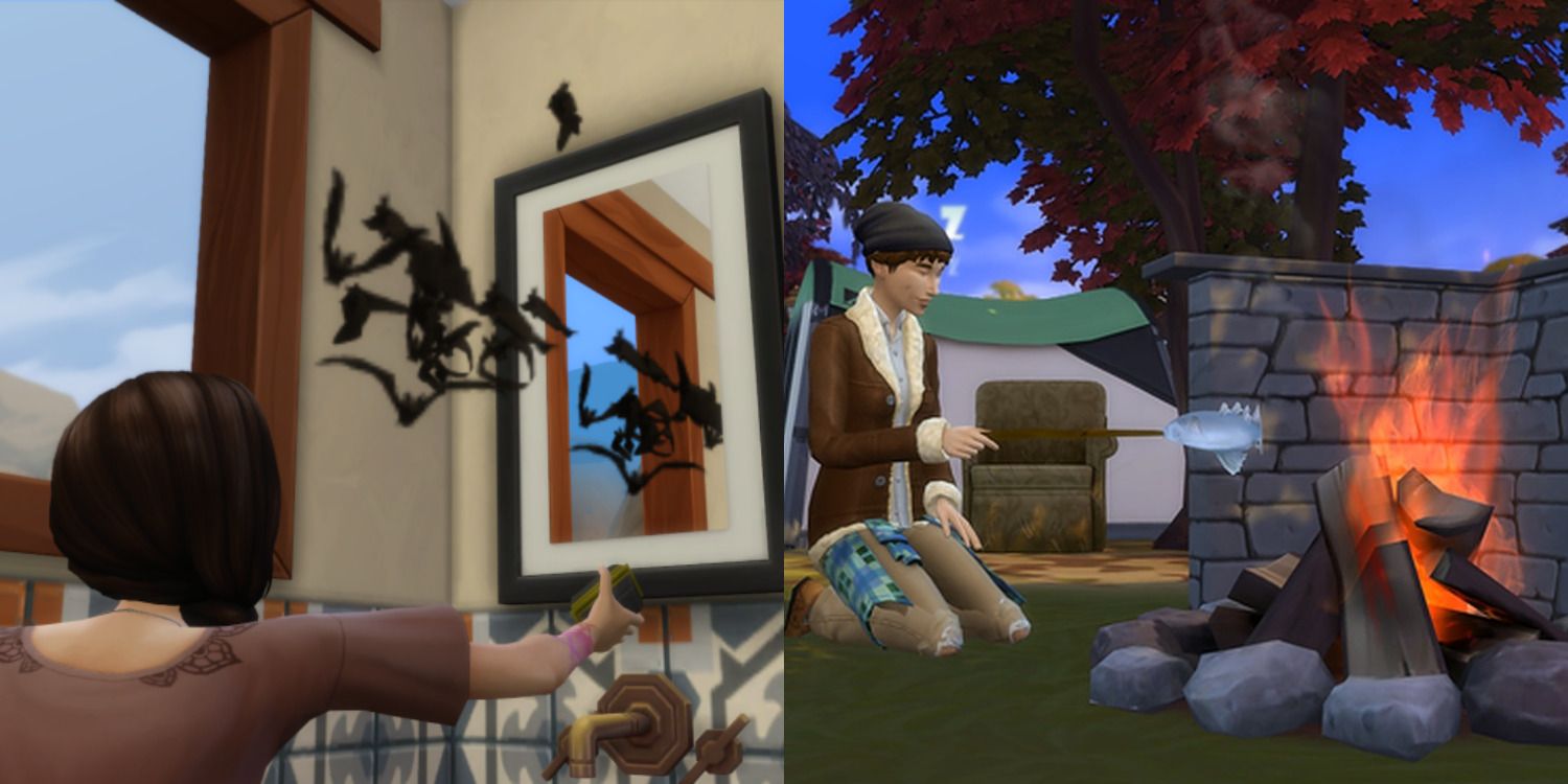 The Sims 4 lot challenges feature split image Creepy Crawlies and the Homeless challenge