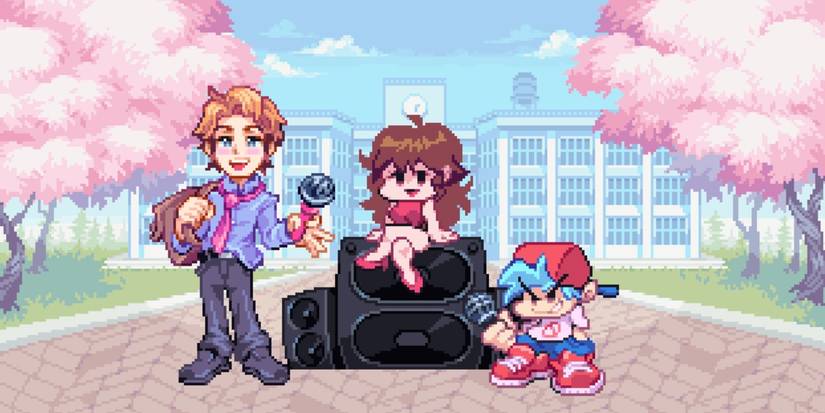 Senpai in Friday Night Funkin pixelated with Girlfriend and Boyfriend