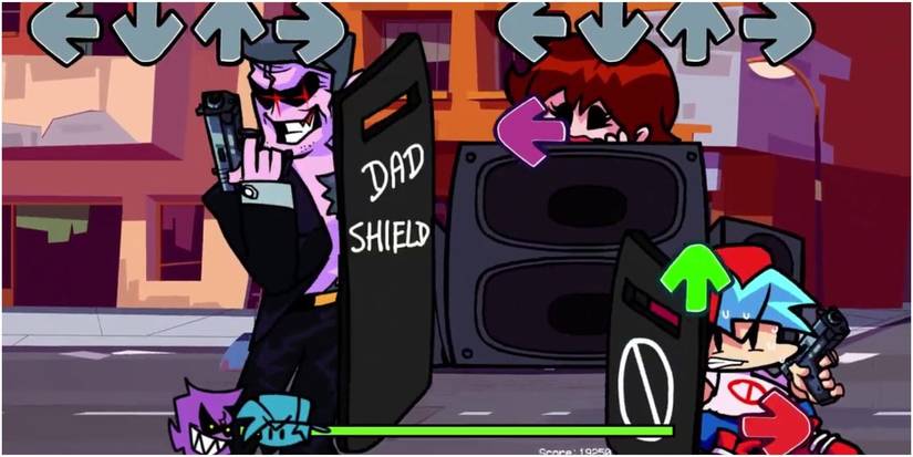 daddy dearest holding gun and gun shield fighting boyfriend in rap battle friday night funkin