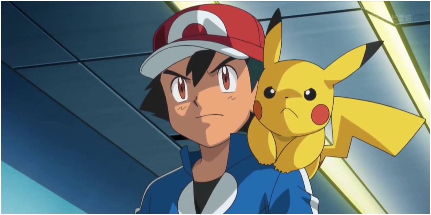 Pokemon Ash with Pikachu on his shoulder with stern expressions