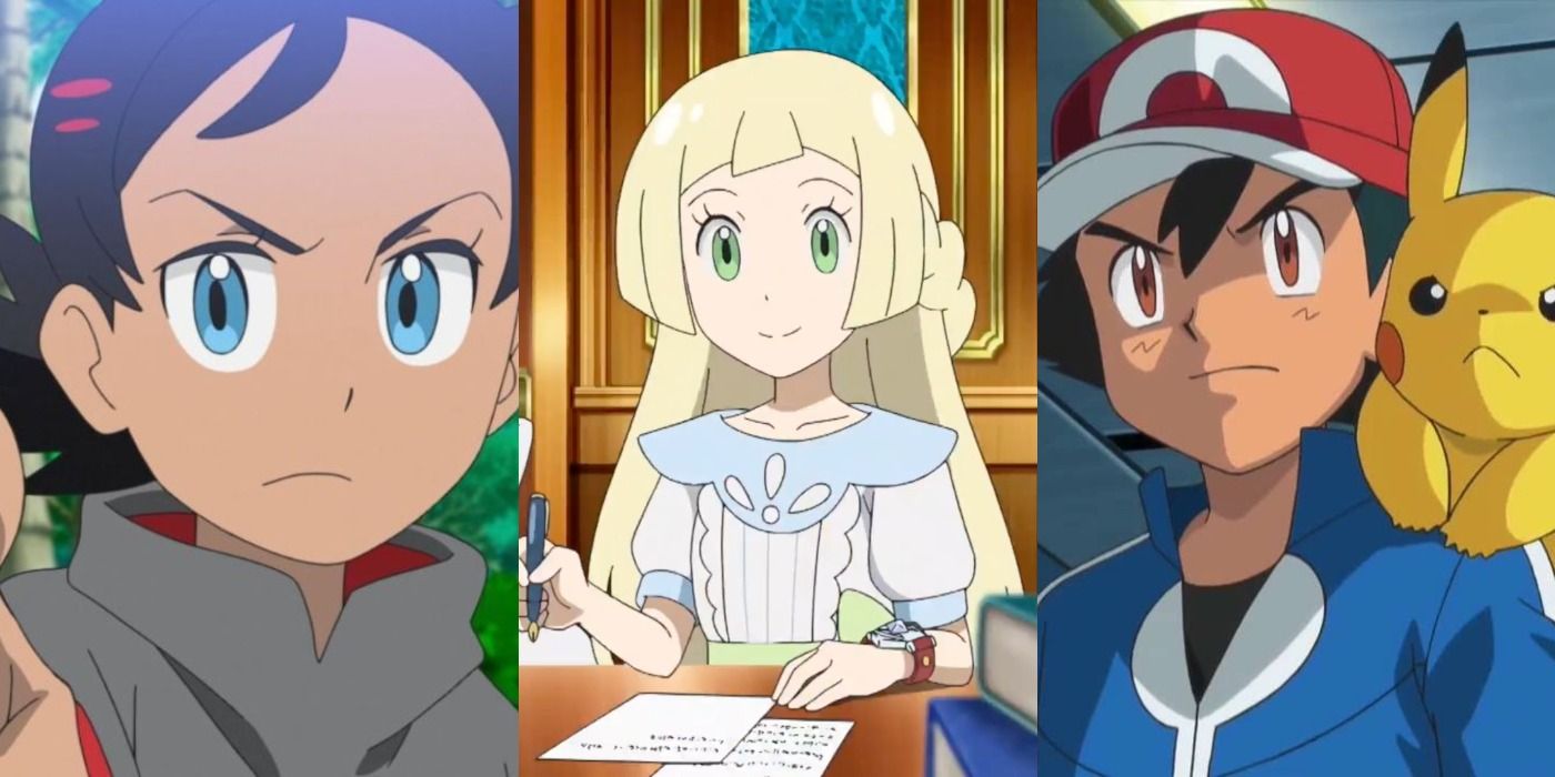 Goh pointing, Lillie writing, Ash with Pikachu on shoulder from Pokemon anime