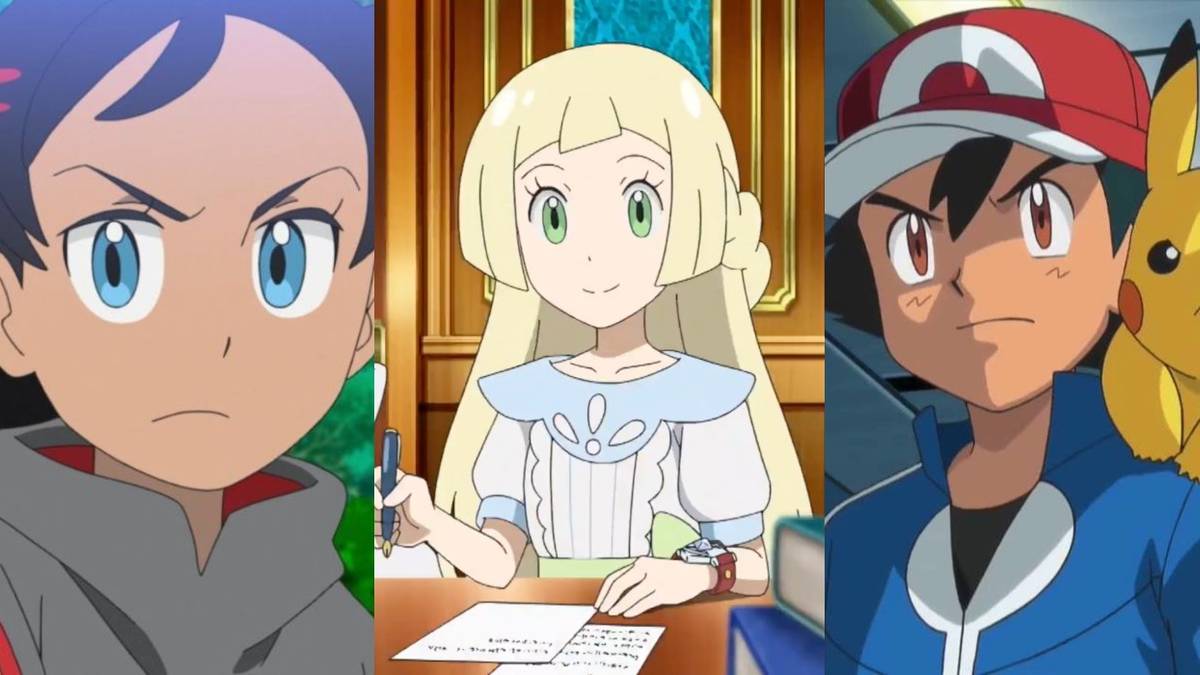 Goh pointing, Lillie writing, Ash with Pikachu on shoulder from Pokemon anime