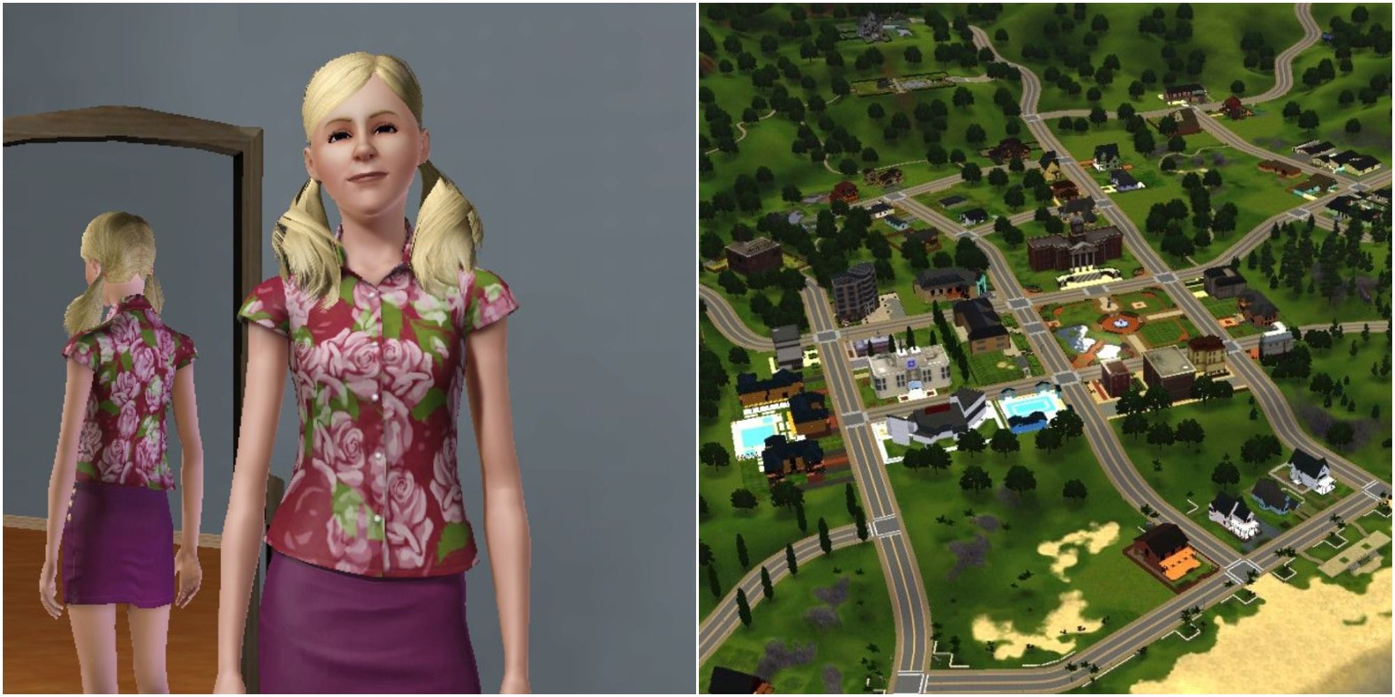 left: Sim with blond pigtails; right: Sims 3 open world