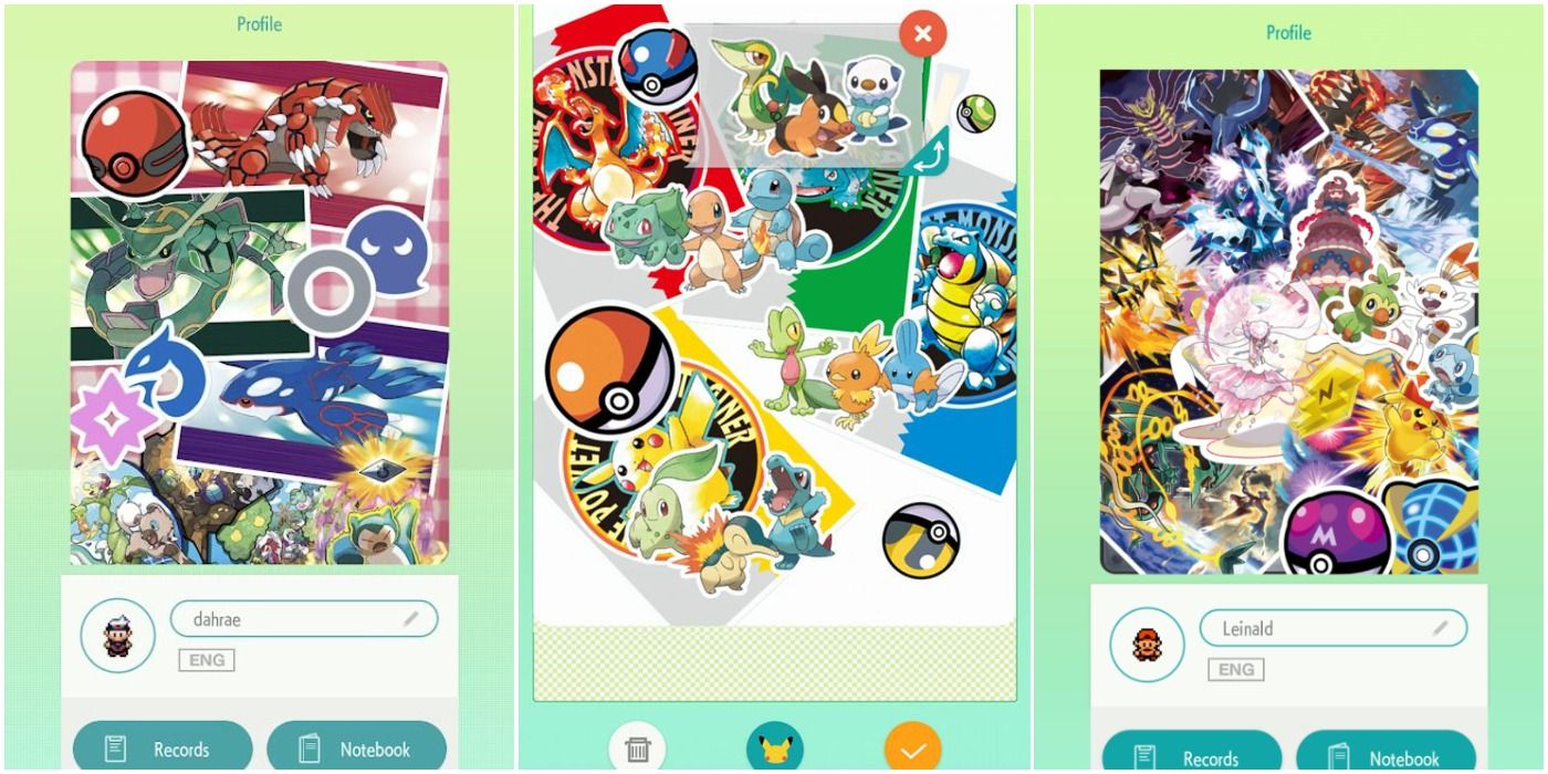 screenshots of player profiles with stickers pokemon home