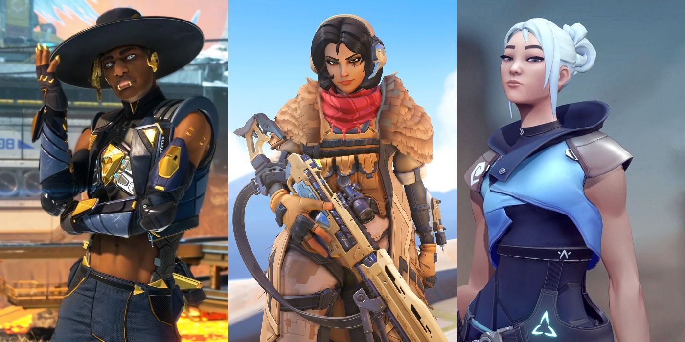 Seer from Apex touching hat, Ana from Overwatch holding sniper rifle, Jett from Valorant