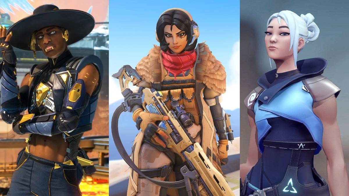 Seer from Apex touching hat, Ana from Overwatch holding sniper rifle, Jett from Valorant