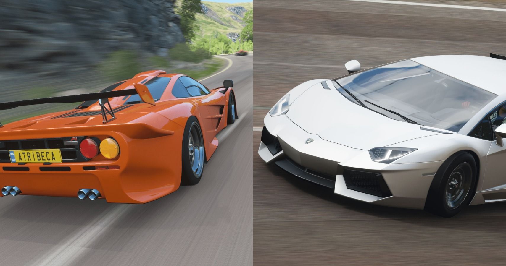 Forza Horizon 4 split image of Lamborghini Aventador and McLaren F1 GT