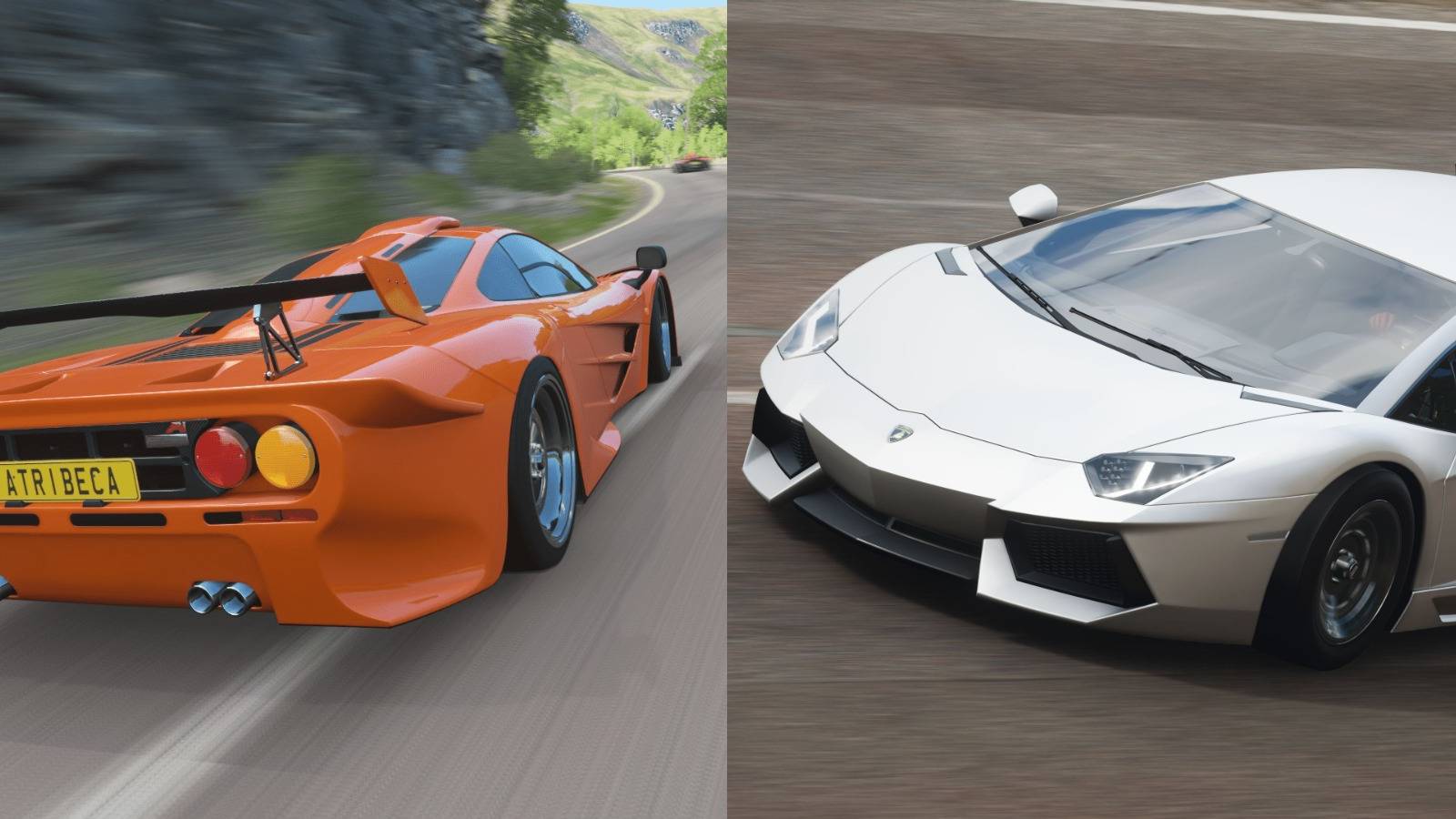 Forza Horizon 4 split image of Lamborghini Aventador and McLaren F1 GT
