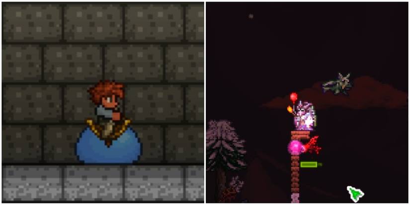 player fighting wandering eye fish and riding a slime mount