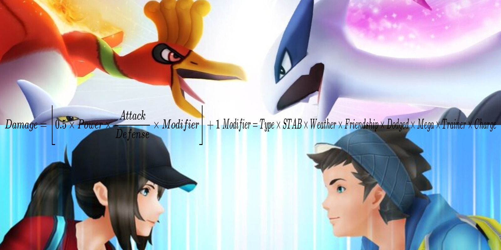 pokemon go damage calculation guide ho-oh lugia female trainer and male trainer with damage equation on border