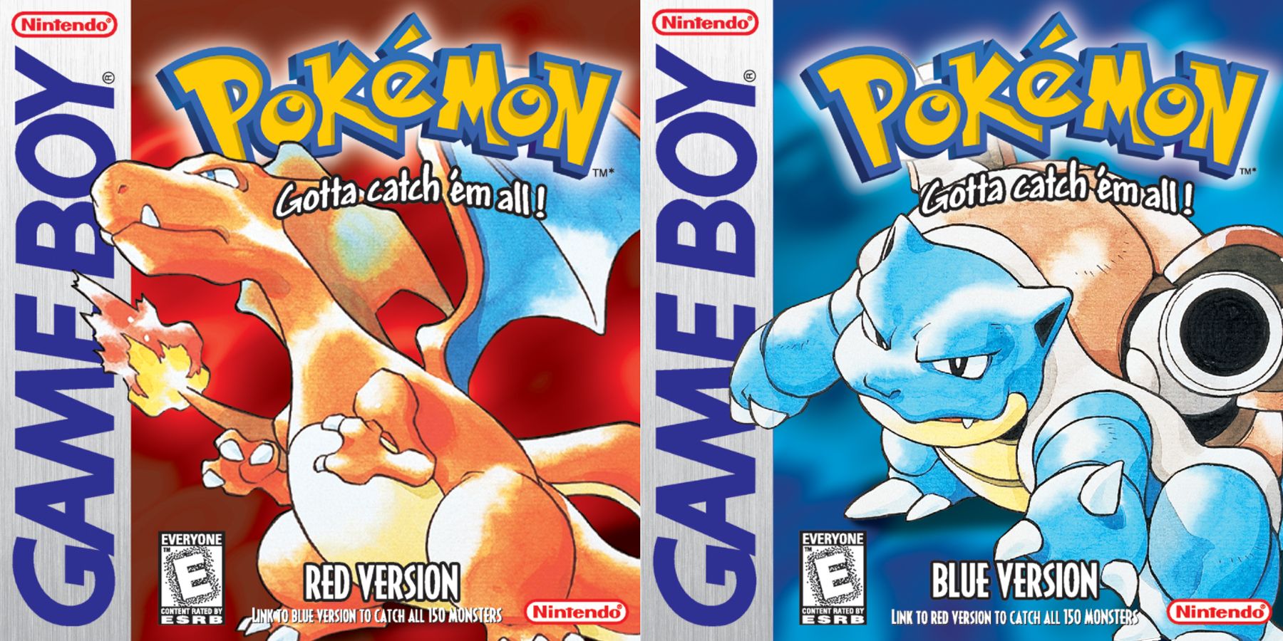 The covers for Pokemon Red and Blue on Game Boy featuring the pokemon mascot and starters, Charizard (left) and Blastoise (right)