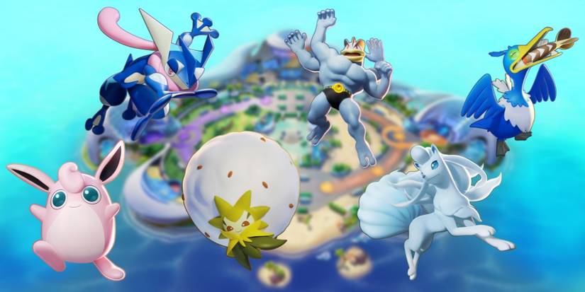 various pokemon in front of an island