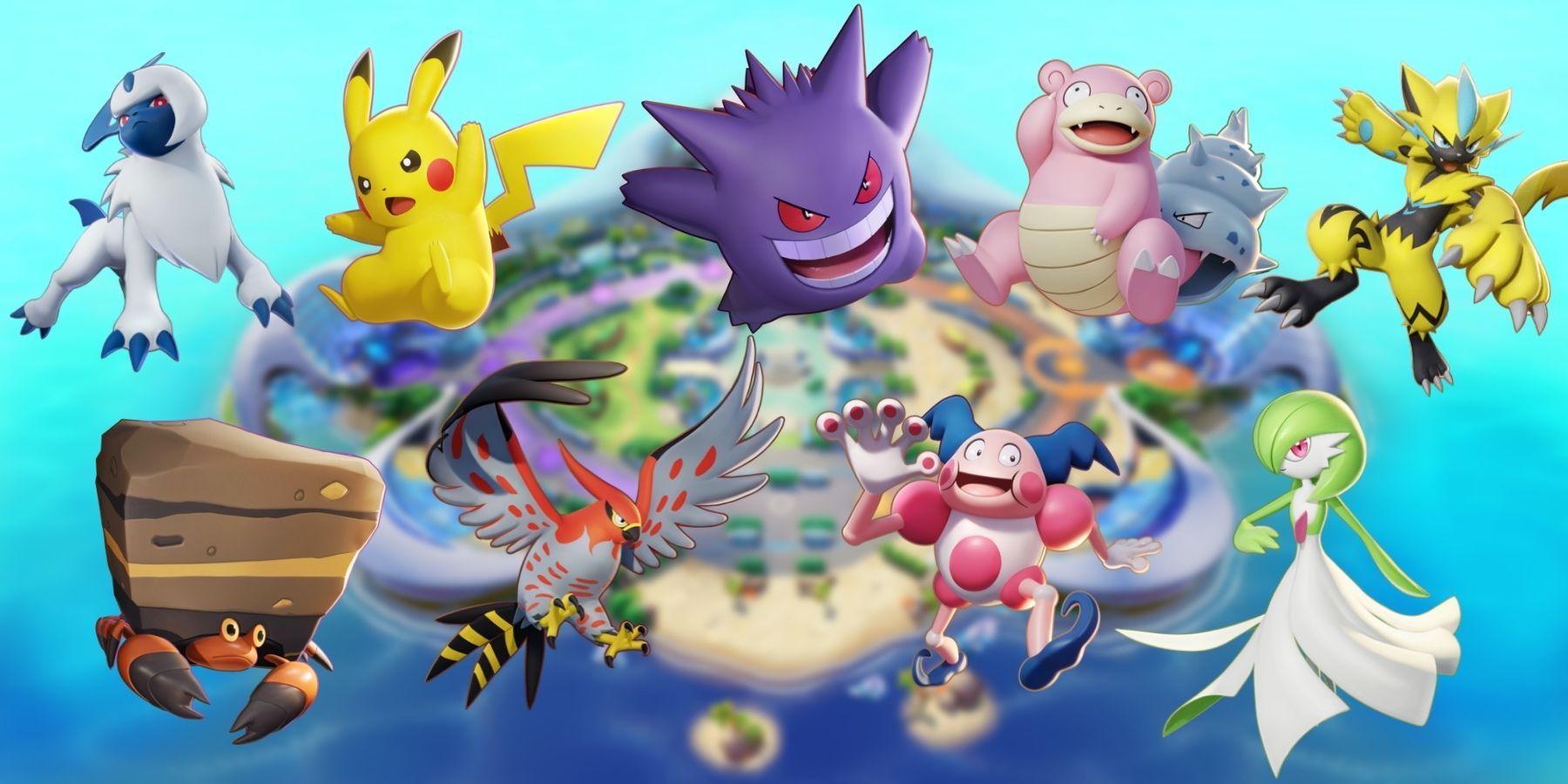 various pokemon in front of an island