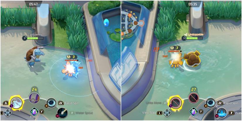 pokemon unite blastoise using water spout and rapid spin