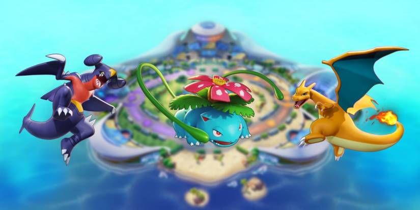 various pokemon in front of an island