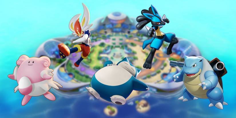 various pokemon in front of an island