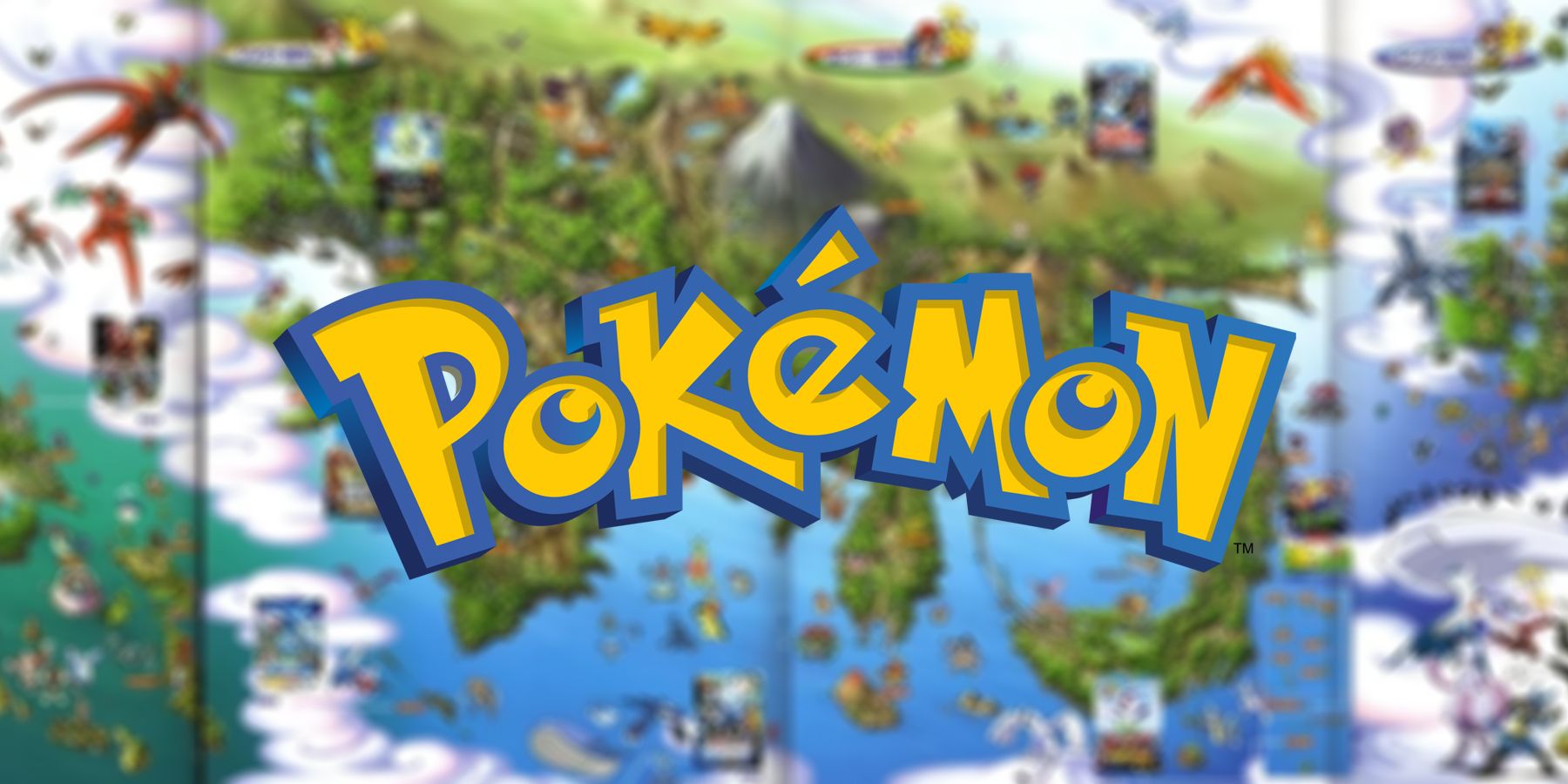 A map of the world of Pokemon with the franchise's text logo in the foreground.