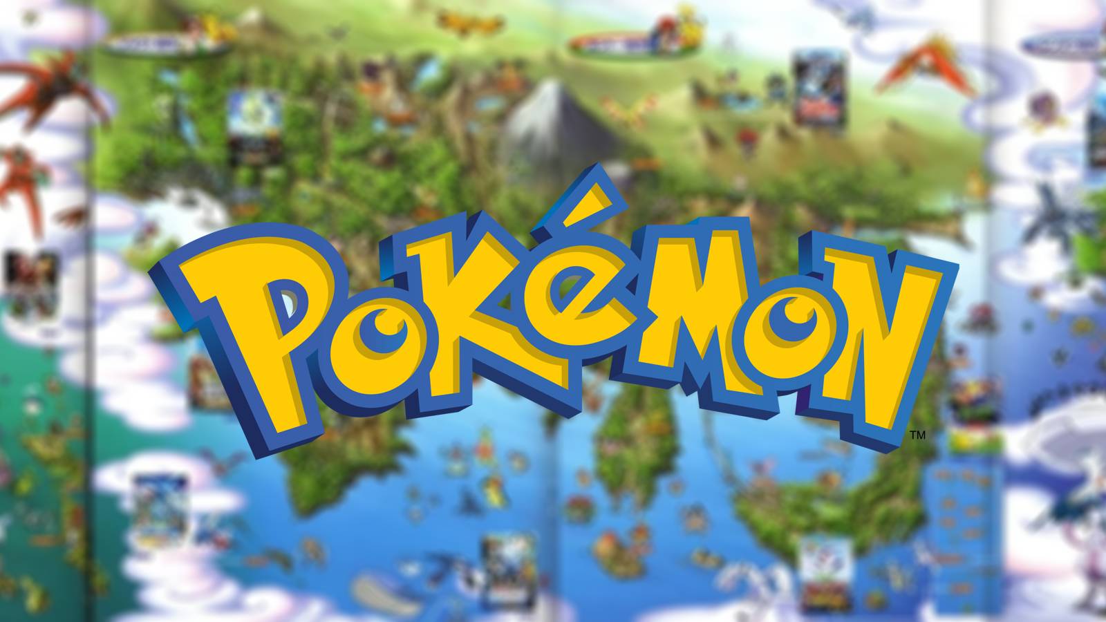A map of the world of Pokemon with the franchise's text logo in the foreground.