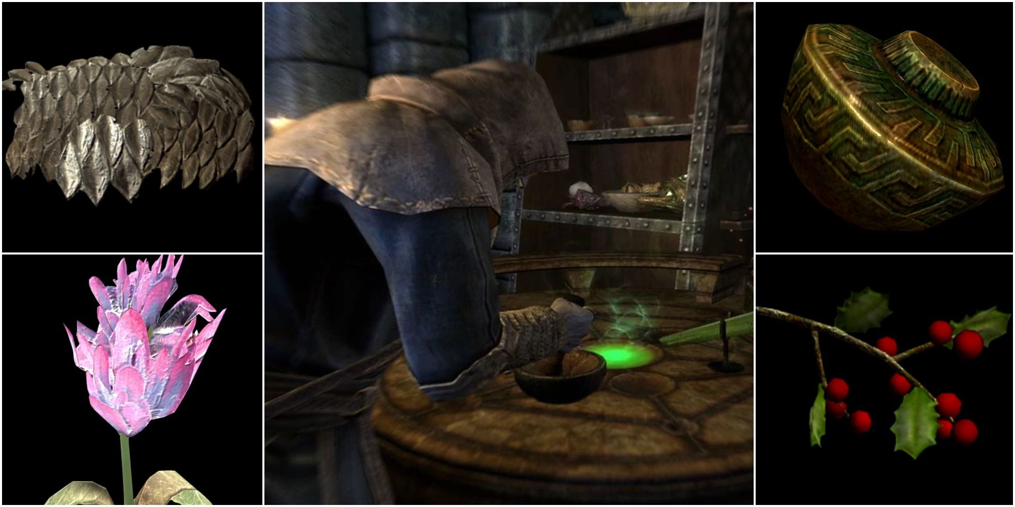 center: skyrim player at alchemy table; left and right: various alchemy ingredients