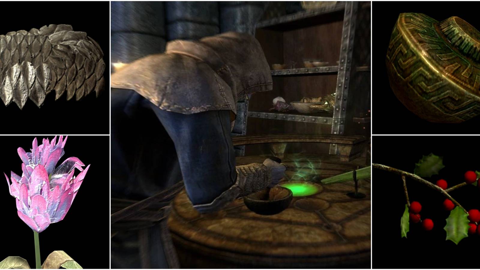 center: skyrim player at alchemy table; left and right: various alchemy ingredients