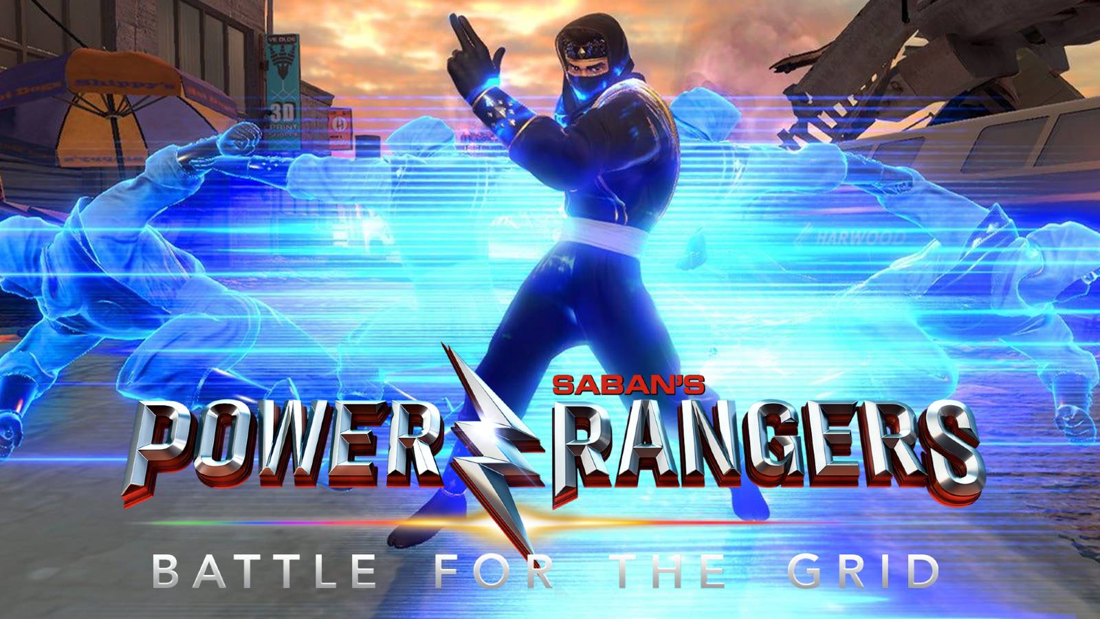 Adam in his black Ninja suit, with four holographic doubles dashing from him on either side.