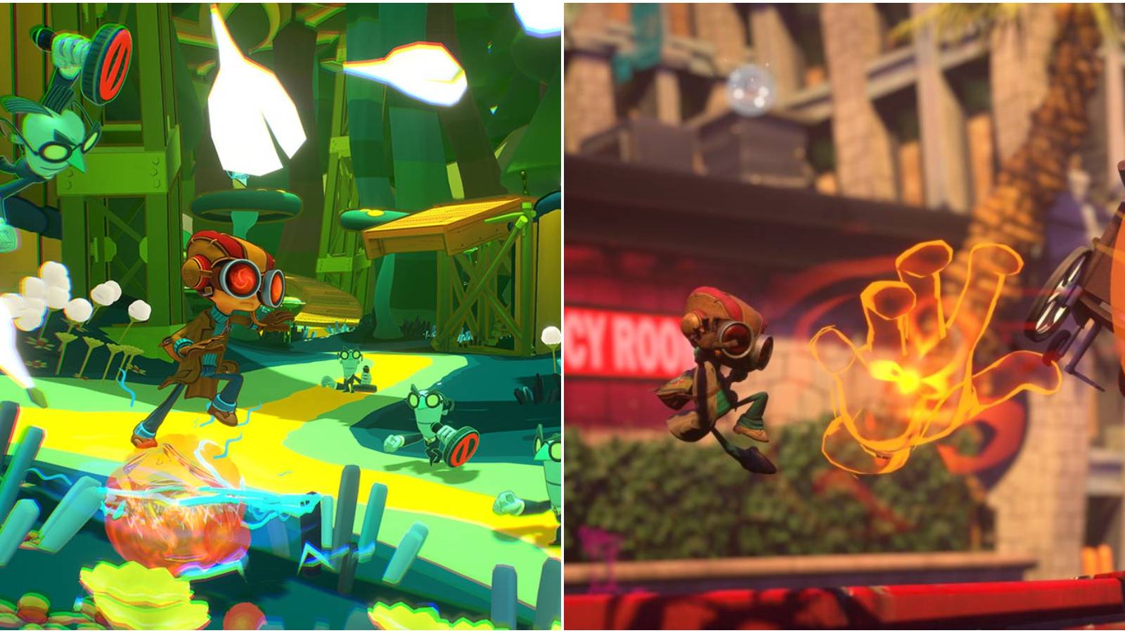 (Left) Raz escaping enemies using Levitation (Right) Raz picking up a wheelchair using Telekenesis