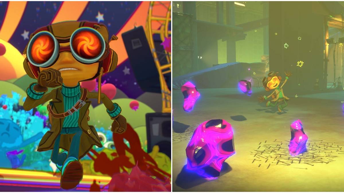 (Left) Promotional image of Raz running (Right) Raz looking happy with Psitanium all around him