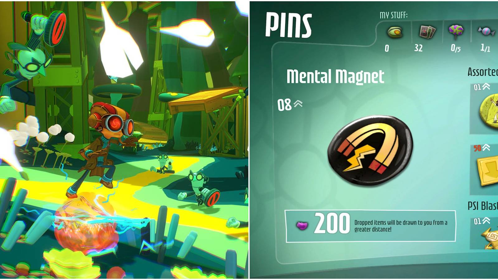 (Left) Raz escaping enemies via Levitation (Right) Mental Magnet pin