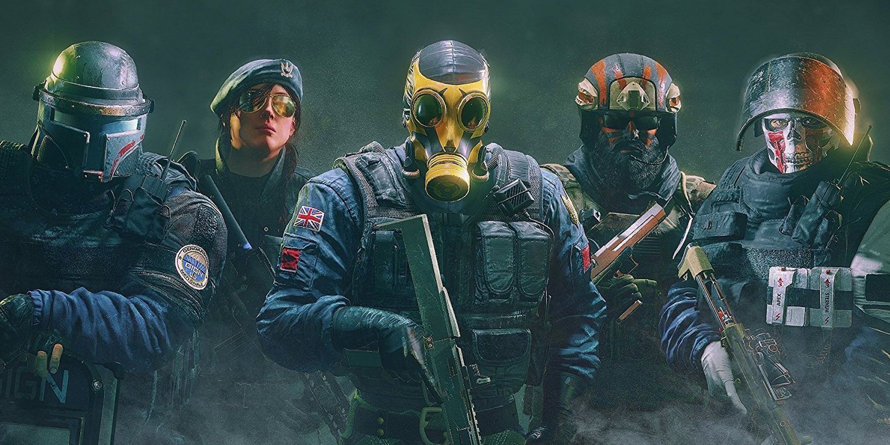 Operators from Rainbow Six Siege. From left to right: Montagne, Ash, Smoke, Blackbeard, and Doc.