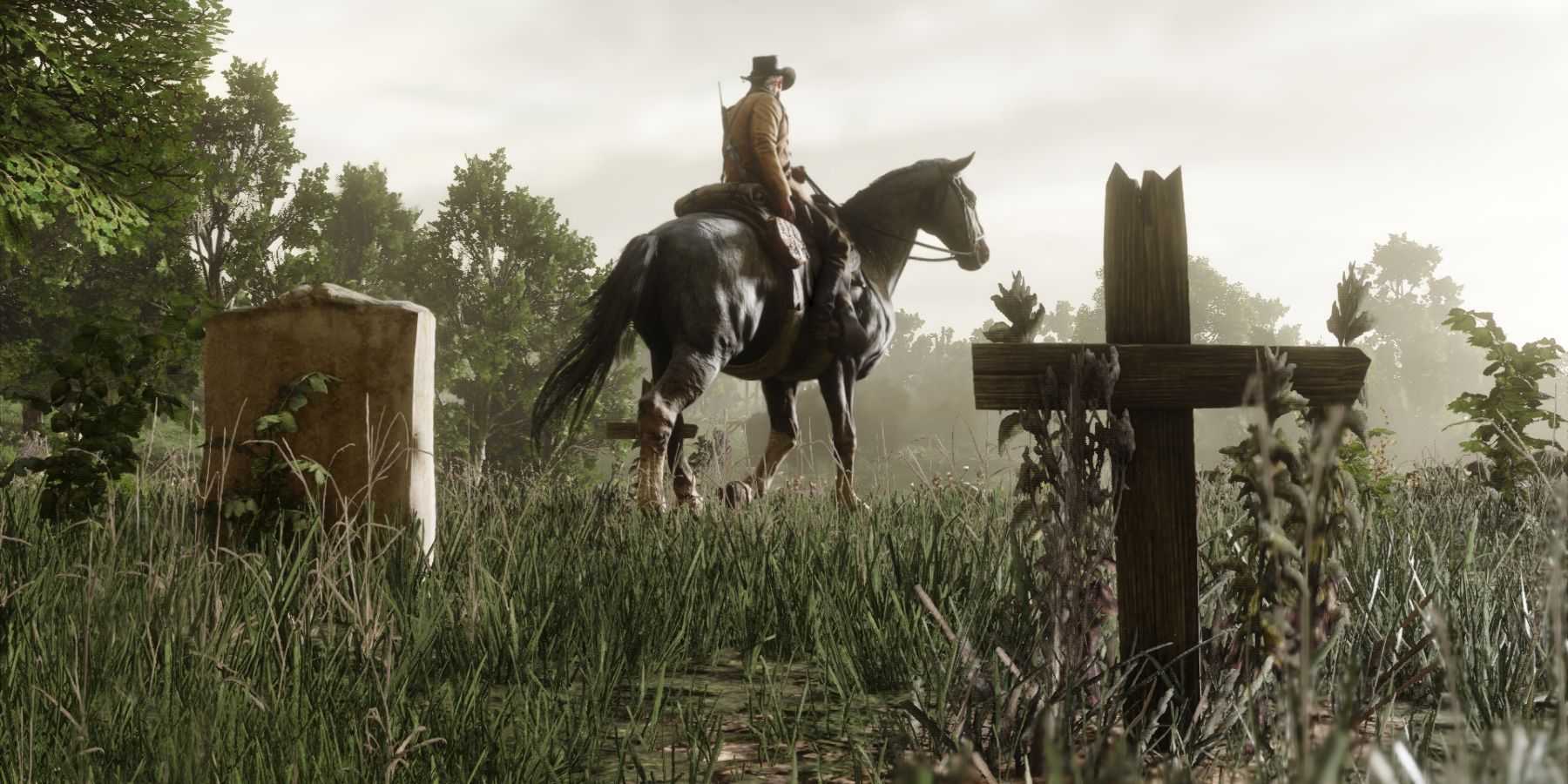 Arthur riding a horse in Red Dead Redemption 2