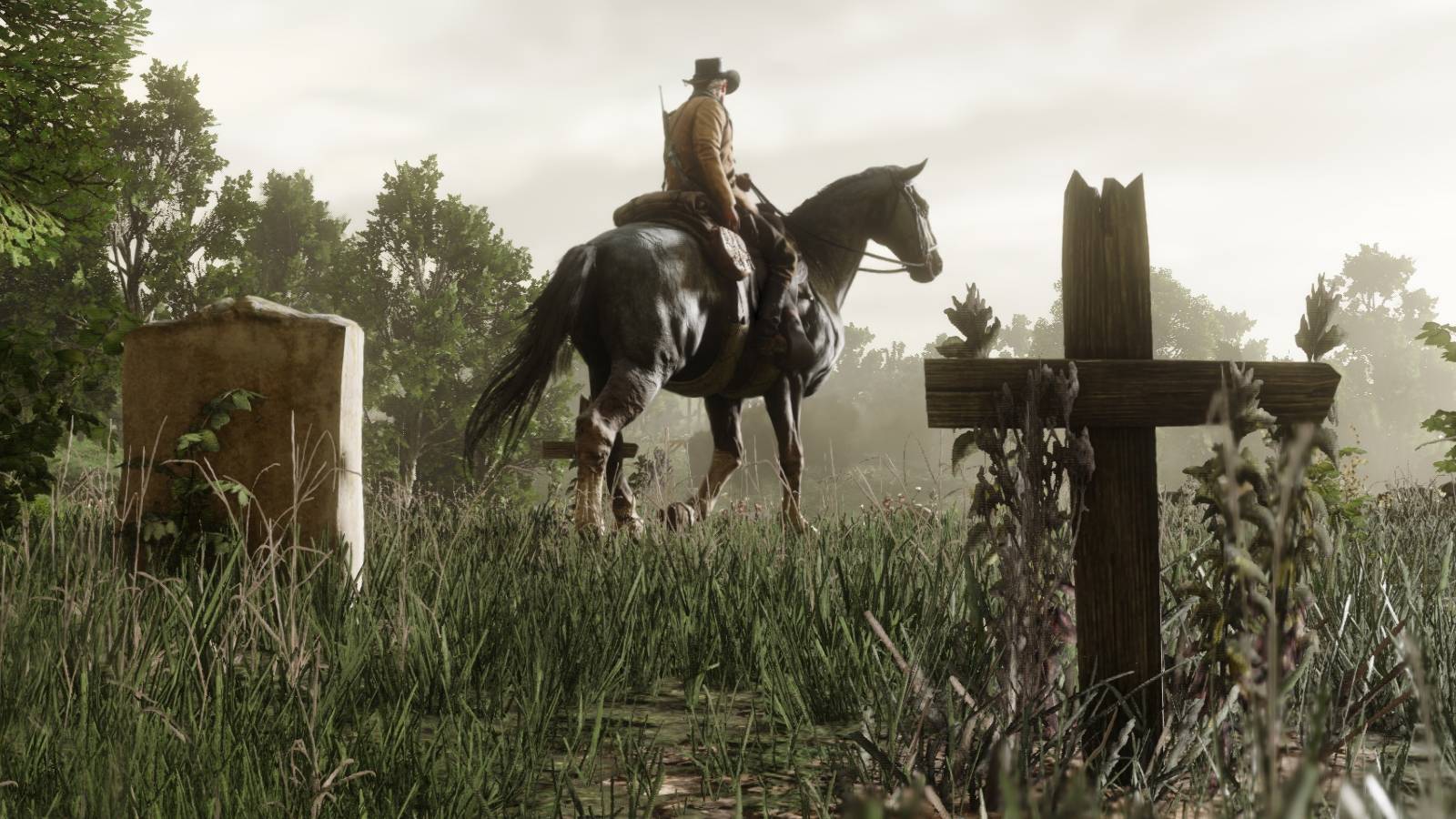 Arthur riding a horse in Red Dead Redemption 2