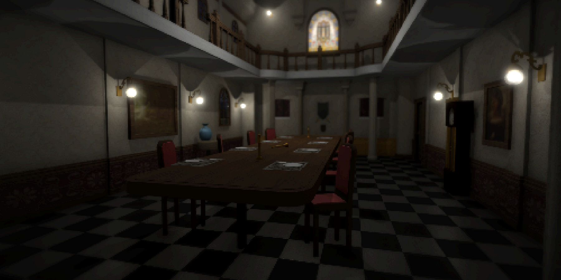 A screenshot from the Resident Evil fan remake showing the dining hall.