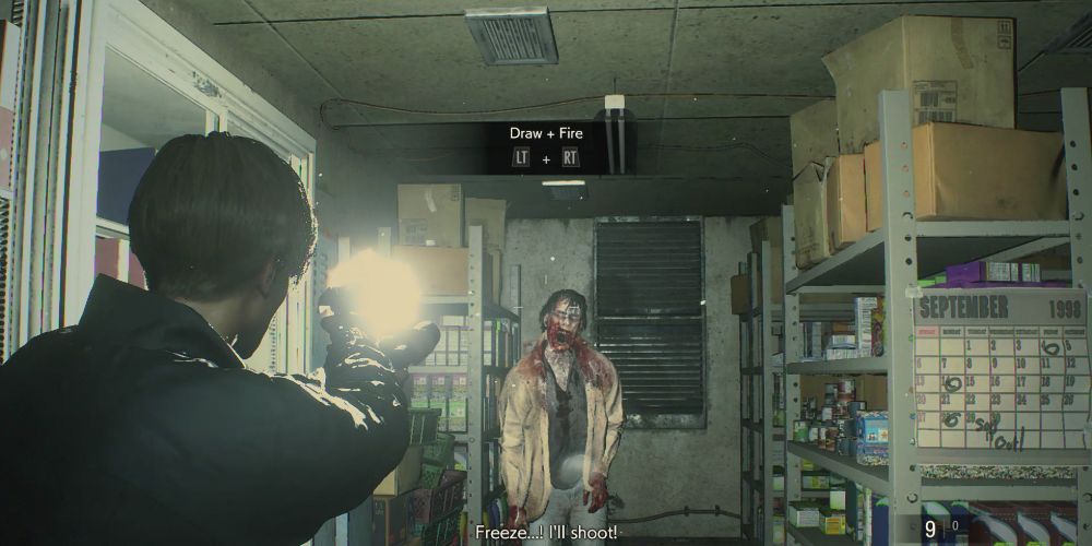 Resident Evil 2 Remake Leon Shooting at Zombie