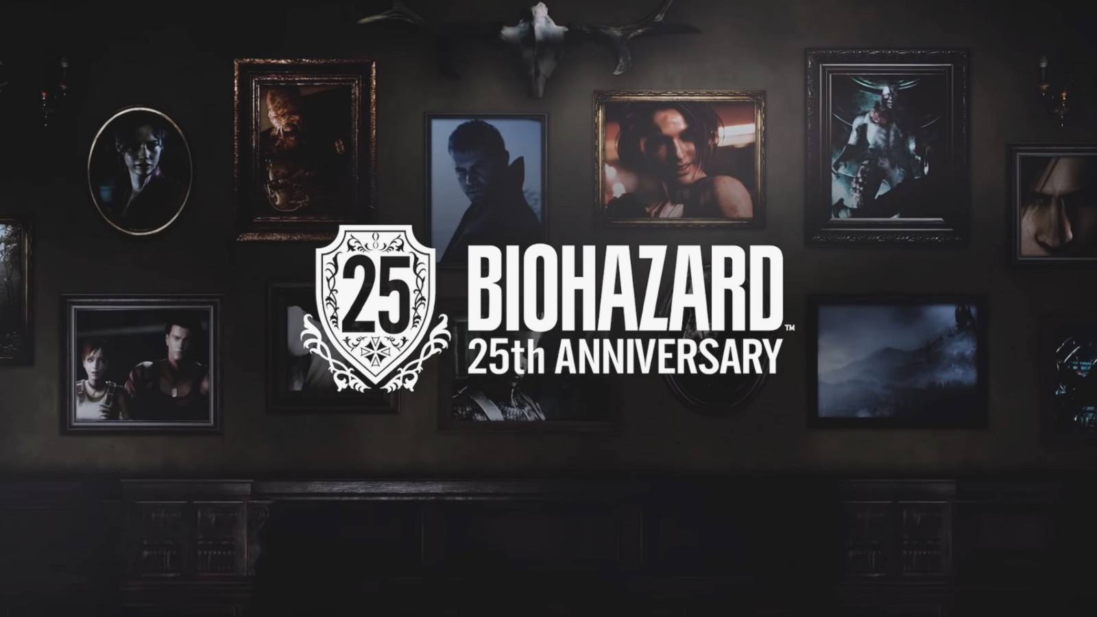 An image showing several screenshots from Resident Evil games hanging up on the wall as paintings.