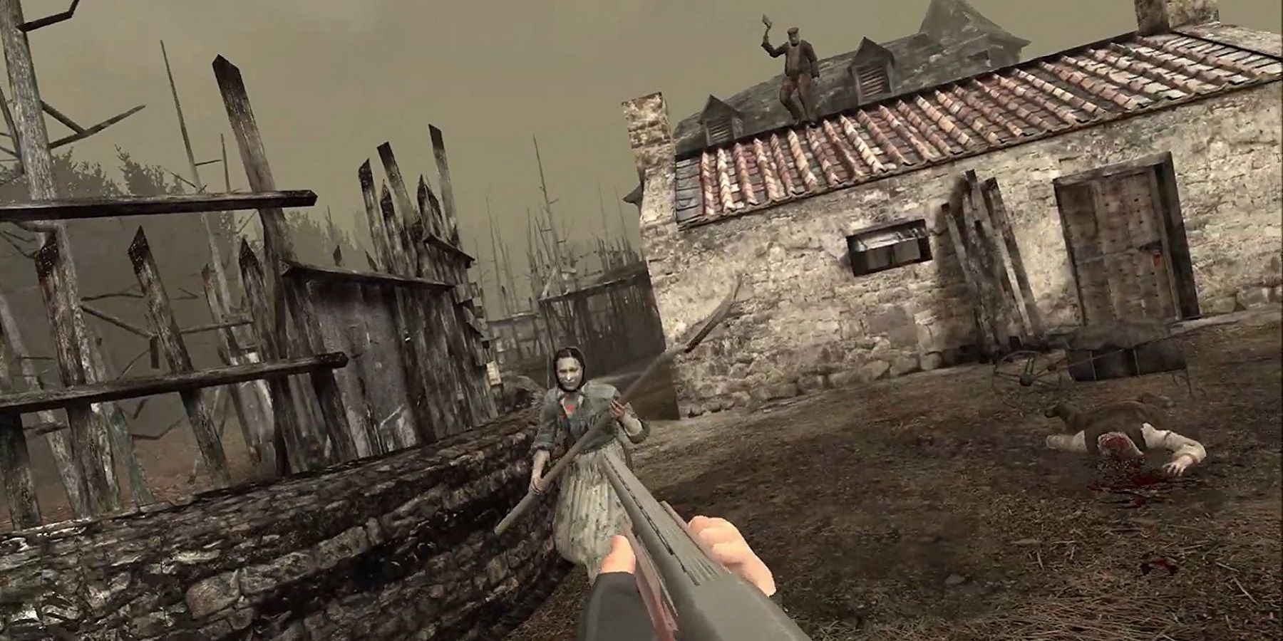 Скриншот из Resident Evil 4 VR, показывающий дробовик, направленный на жительницу деревни.