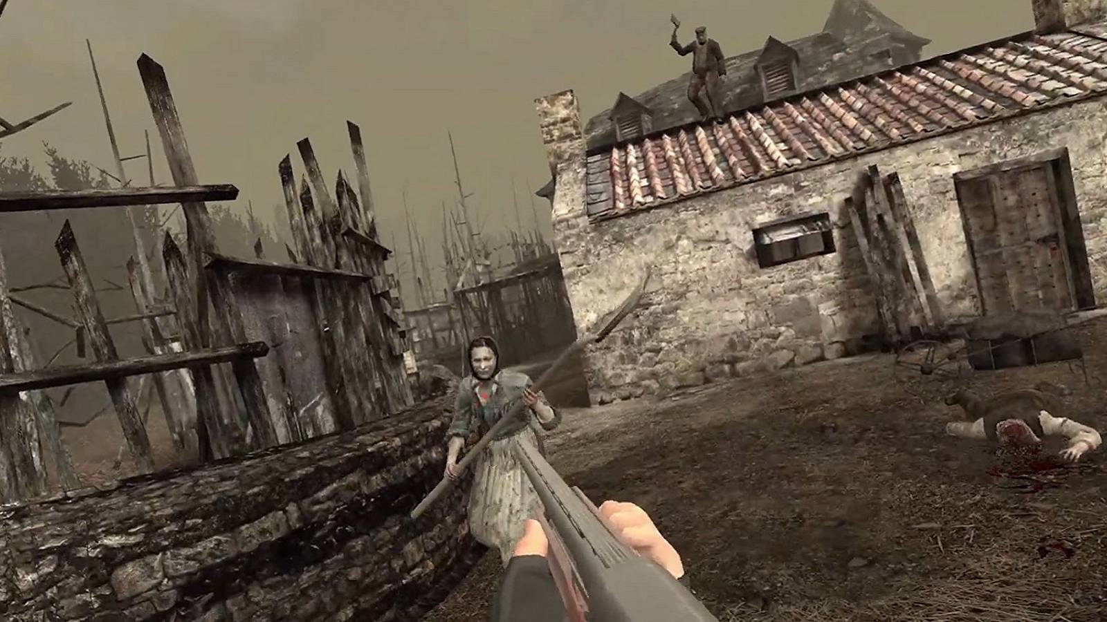 Screenshot from Resident Evil 4 VR showing a shotgun pointing at a female villager.