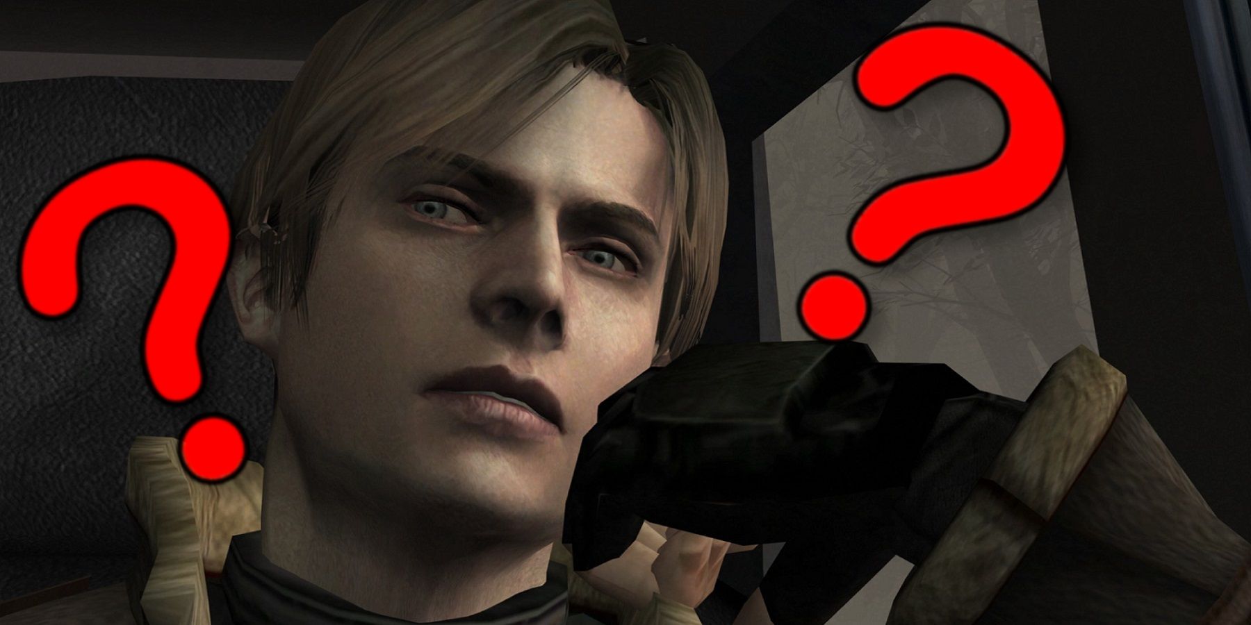A close up on Leon Kennedy from Resident Evil 4 with some red question marks around him.
