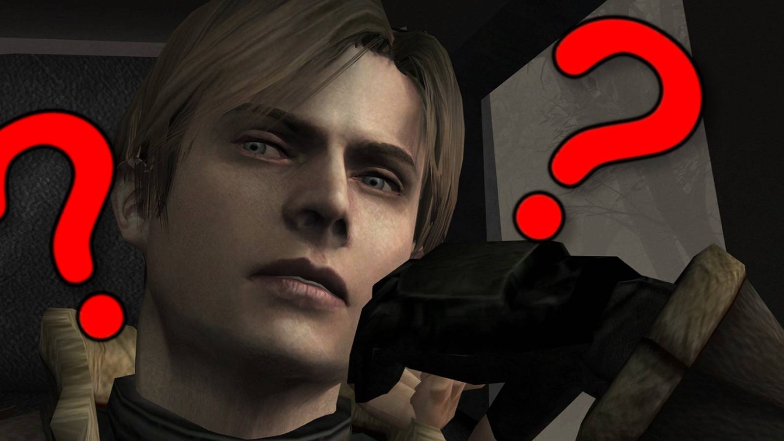 A close up on Leon Kennedy from Resident Evil 4 with some red question marks around him.