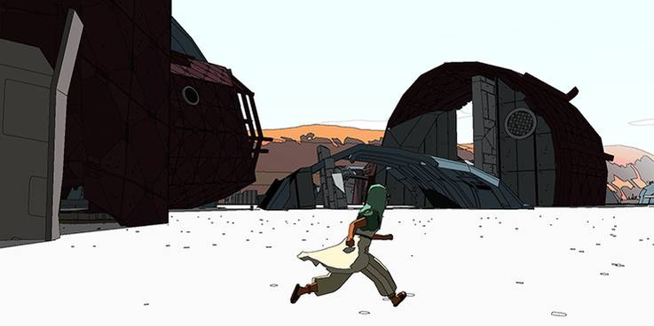 sable running outside rundown hangar