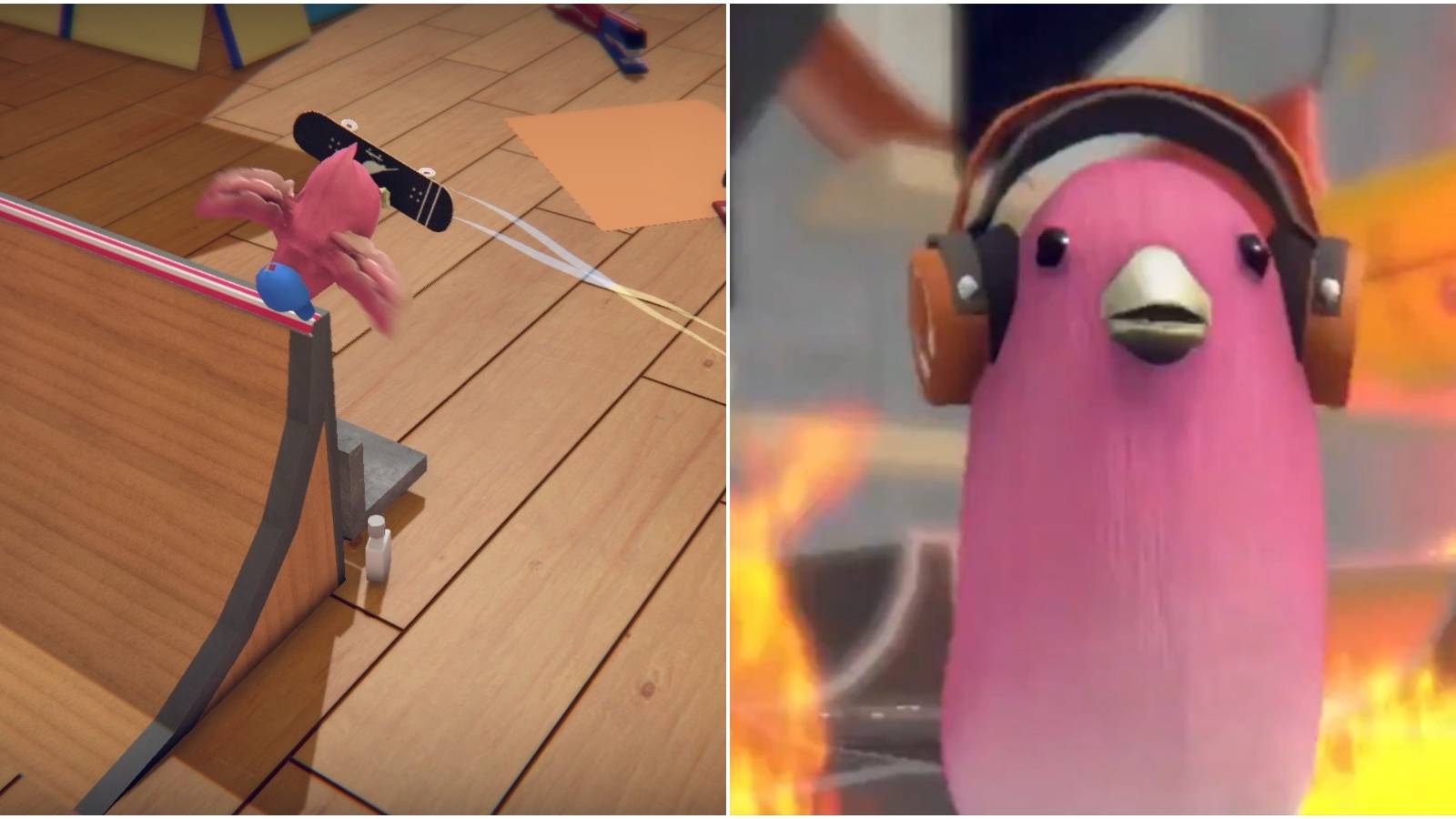 (Left) Bird in mid-air (Right) Bird in front of fire 