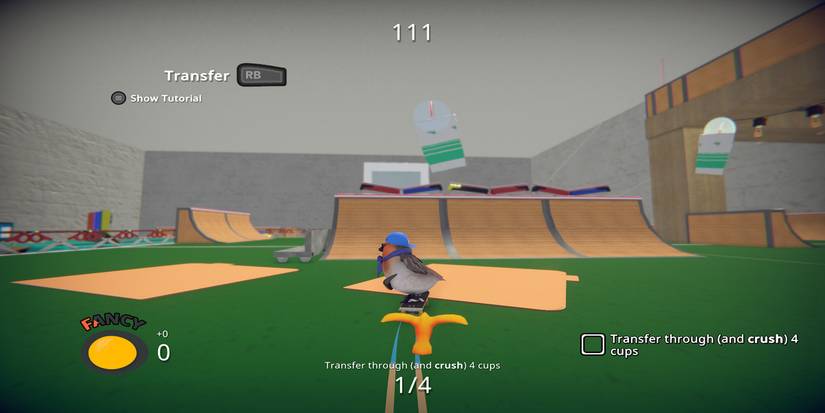 Bird riding skateboard with mission objective on screen
