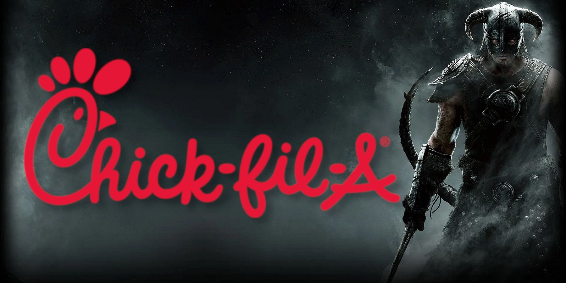 A wallpaper image from Skyrim showing the Dragonborn to one side and the Chick Fil-A logo in the middle.