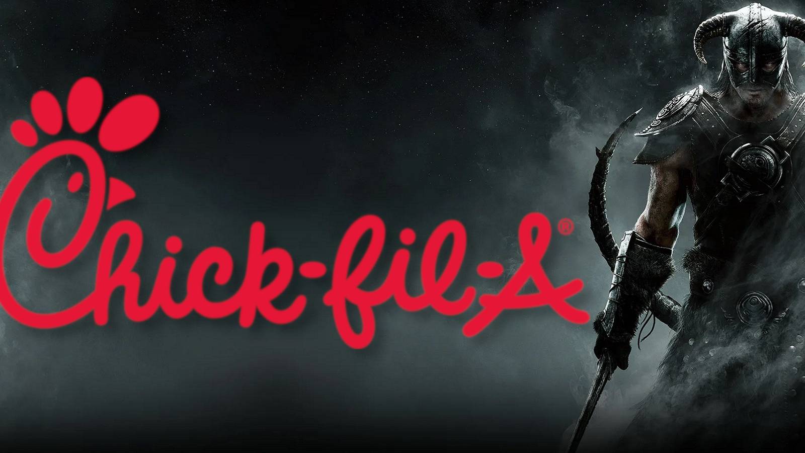 A wallpaper image from Skyrim showing the Dragonborn to one side and the Chick Fil-A logo in the middle.