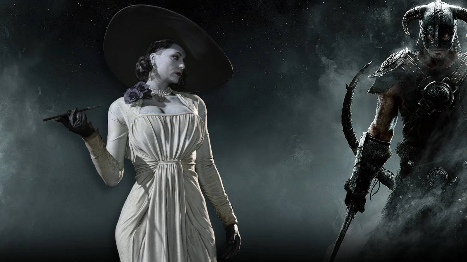 Image from Skyrim showing the Dragonborn to the right and Lady Dimitrescu from Resident Evil 8 in the middle staring at him.