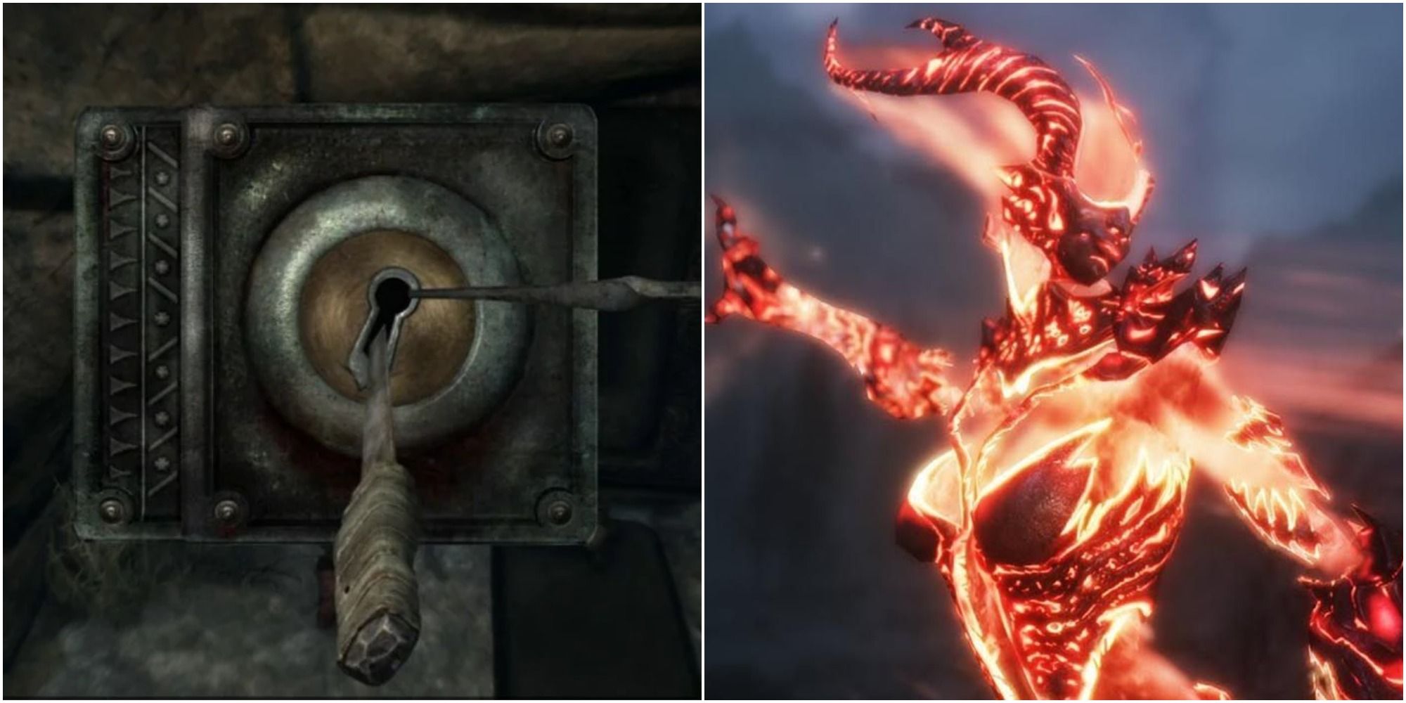 Left: lockpicking screen; right: flame atronach
