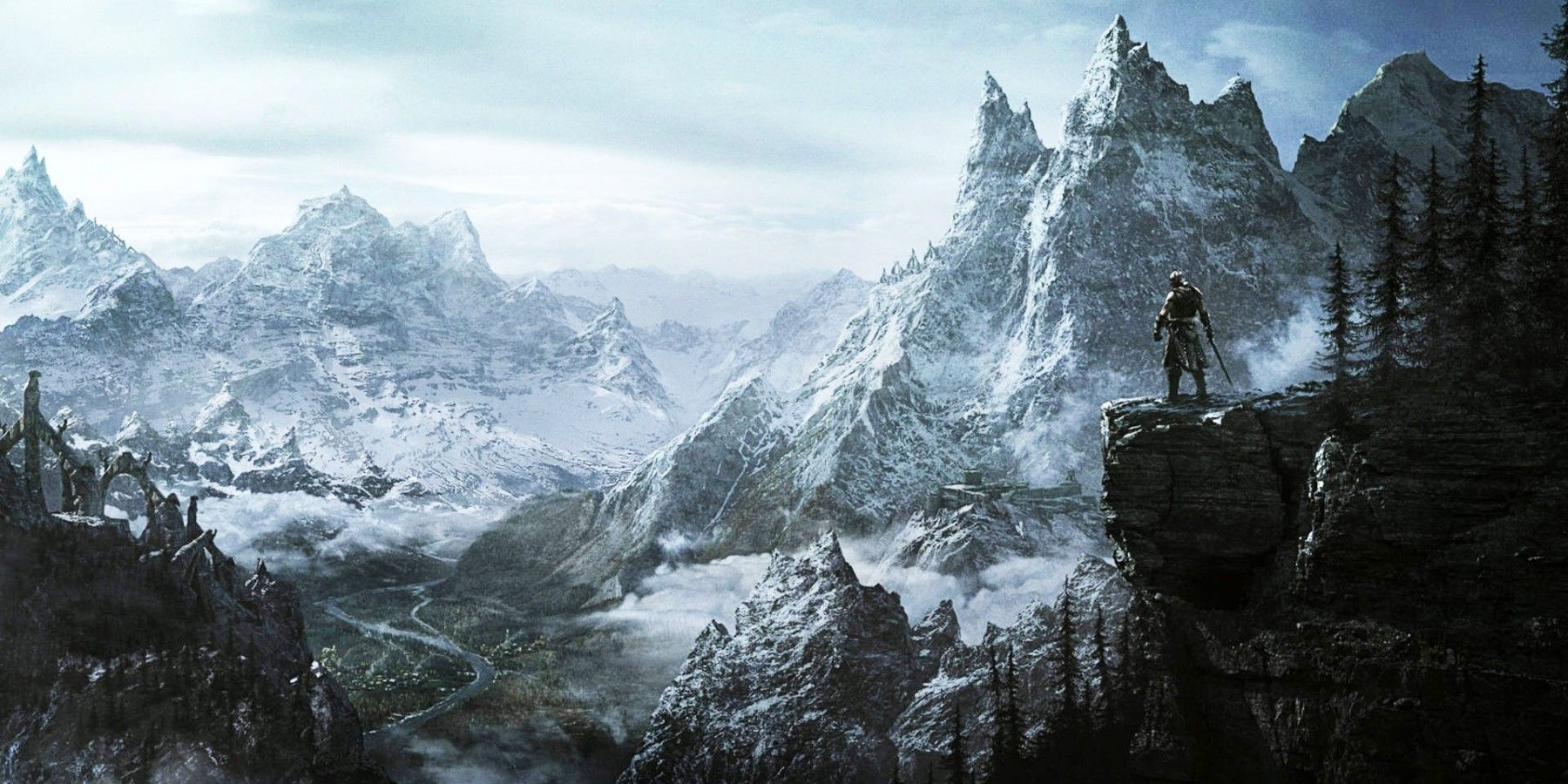 vast mountain range promotional art for Skyrim