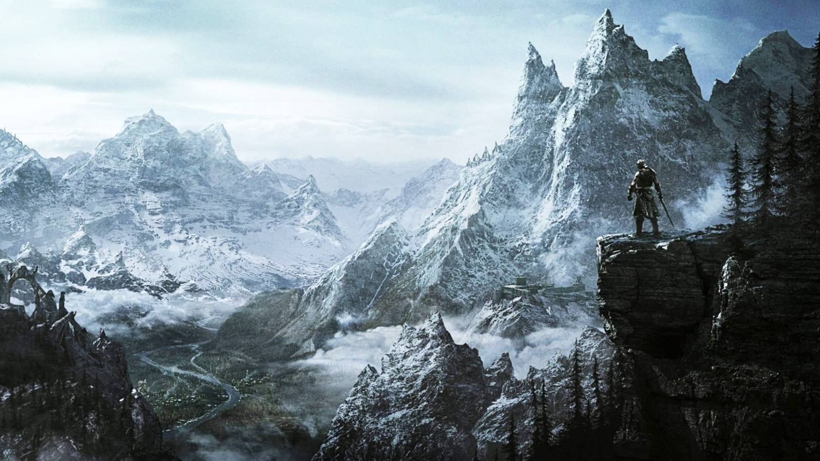 vast mountain range promotional art for Skyrim