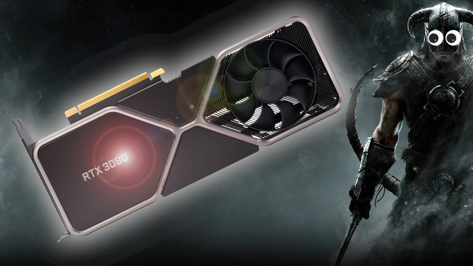 Skyrim artwork showing the Dragonborn to one side staring comimcally at a huge Nvidia RTX 3080 graphics card.