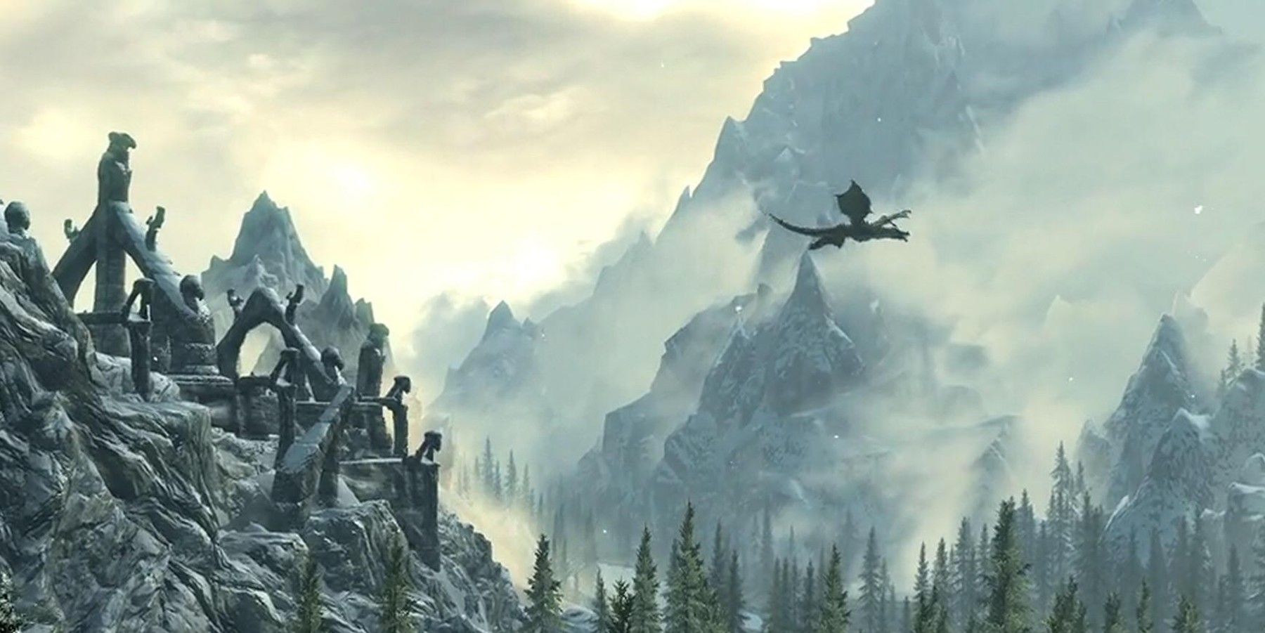 a dragon flying around mountains in Skyrim
