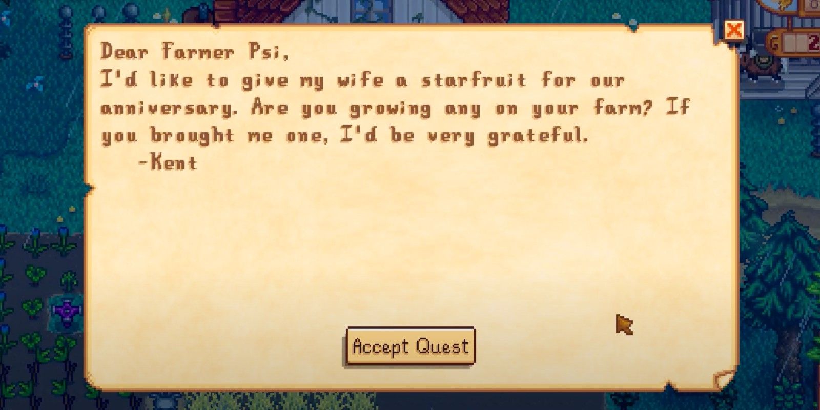 Kent's letter asking for a starfruit